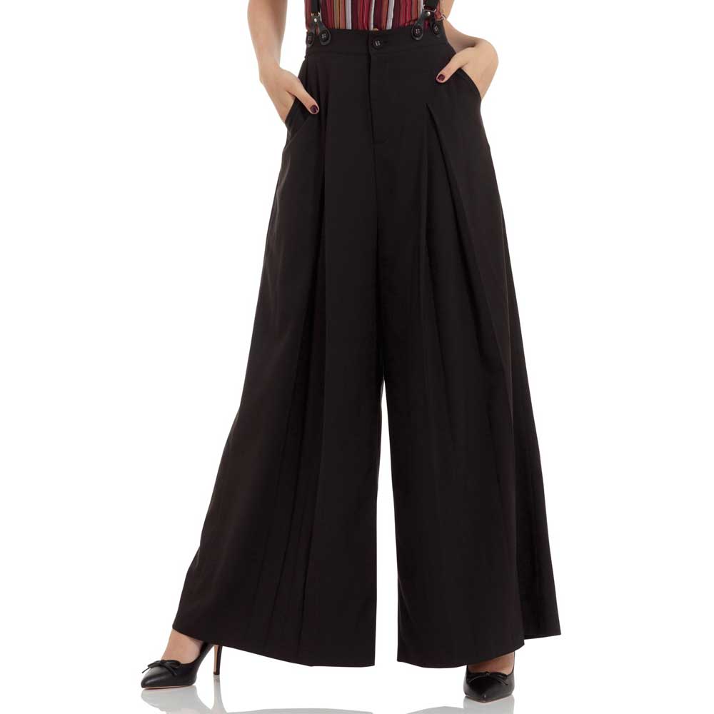 Shelley wijde dames broek met afneembare bretels zwart - Vintage Rockabilly